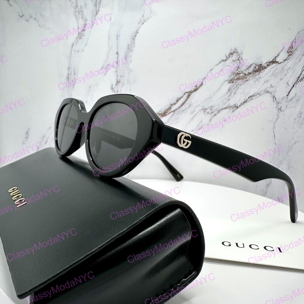 New GUCCI Sunglasses Black Oval Acetate Gold Metal Interlocking GG Logo Womens